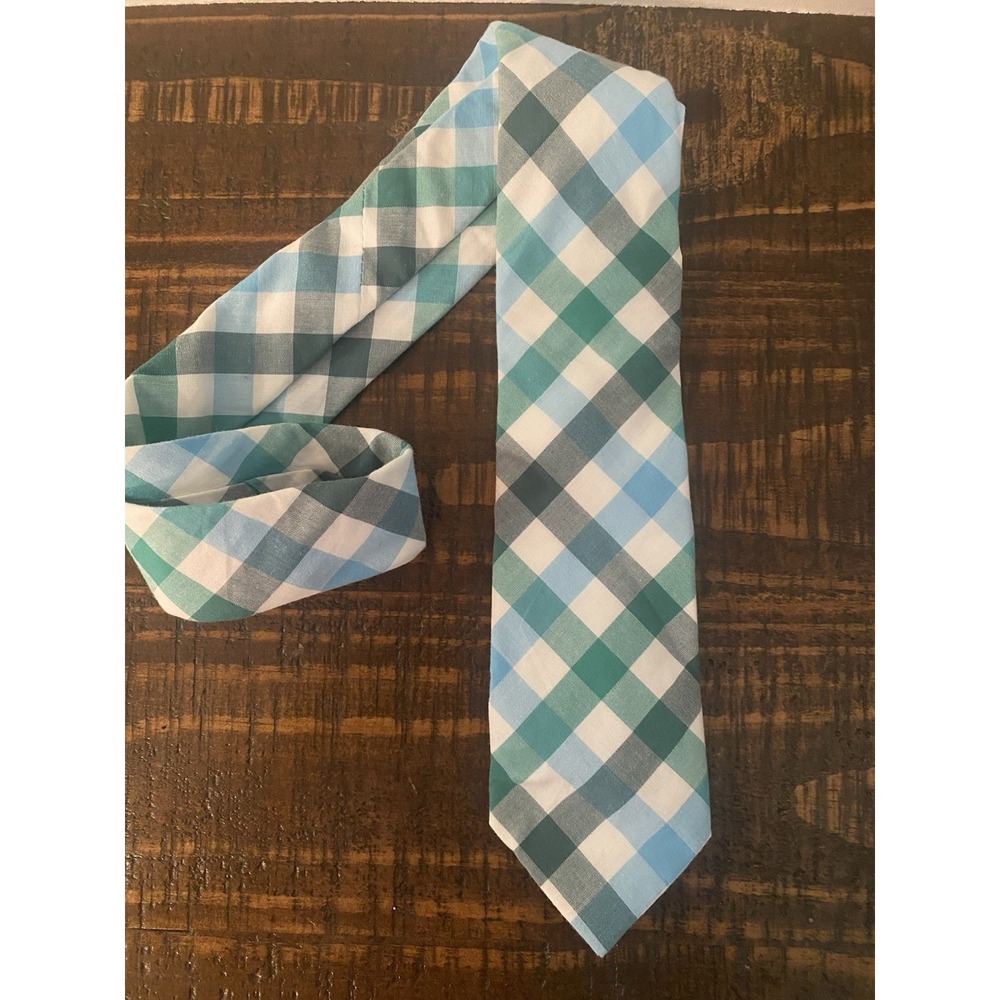 Lands' End Boys Meadow Mist Blue Green Plaid Tie NEW With Tag